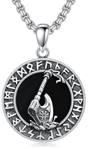 ROMANTICWORK Wikinger Kette Sterling Silber 925 Wikinger Axt Anhänger Wikinger Rune Halskette Nordischer Schmuck Geschenke für Männer Herren Frauen