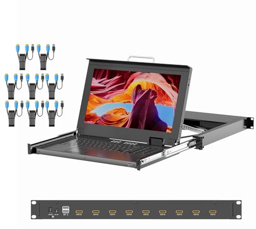 15,6 Zoll LCD Monitor Rackmount KVM KVM Arvitek 8-Port HDMI KVM-Schalter mit Griff Passend für 19 1U Rack Geeignet für 600-800mm-Netzwerkschrank (inkl. 8