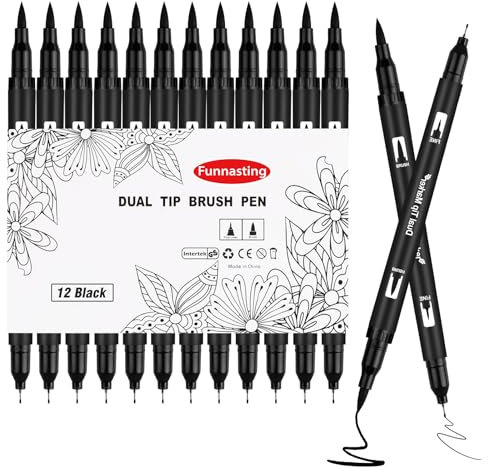 Funnasting Felt Tip Pens, 12 Pack Black Markers Colouring Pens, Dual Tip Brush Pen for Adults and Children, Fineliners Drawing Pen for Art Drawing Sketching