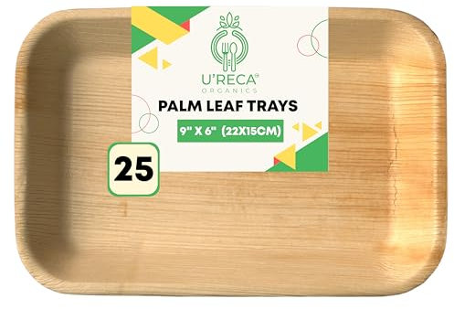 Lot de 25 plateaux rectangulaires écologiques en feuille de palmier d'areca | 22,9 x 15,2 cm | Idéal pour les cafétérias, le service rapide et les petites portions de repas | Sans arbre, robuste, sans