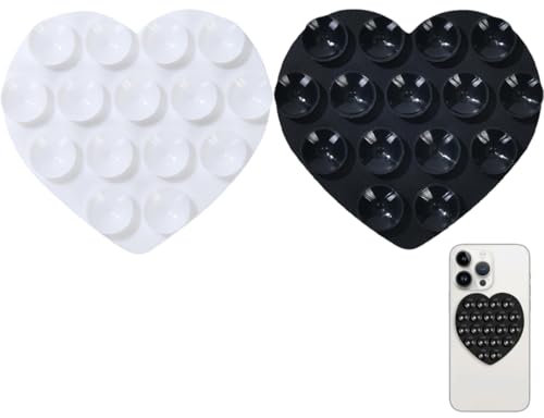 WUSJCOF 6 Piezas Forma de Corazón Soporte de Ventosa para Teléfono Doble Cara, Teléfono con Silicona Multiusos, Doble Cara para Dispositivos Móviles, Ventosas para Móvil, Móvil (negro/blanco)