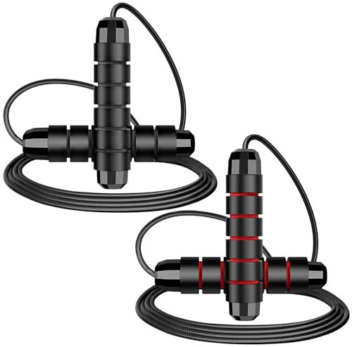 2 Pack Jump Rope Set - Tangle-Free PVC Steel Cable Skipping Rope, Adjustable Length for Men/Women/Kids, Home Gym & Fat Burn Workout (Black & Red)