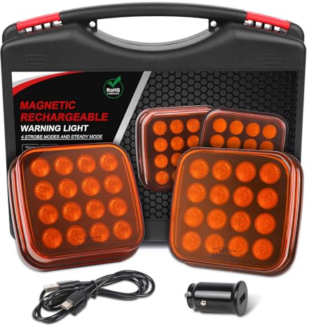 AOHEWEI Kabellose LED Warnleuchten-Set, 12V/24V 5 Modi Wiederaufladbare Magnetische Gefahrenblinkleuchten, Amber Notfall-Stroboskoplampe für LKW Traktor Bus Fahrzeuge