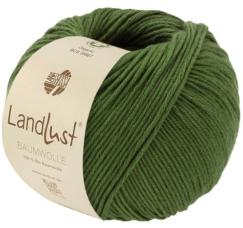 LANA GROSSA Landlust Baumwolle | Klassisches Bio-Baumwollgarn, Gots zertifiziert | Handstrickgarn aus 100% Baumwolle (Bio) | 50g Wolle zum Stricken & Häkeln | 115m Garn FB 31 Blattgrün