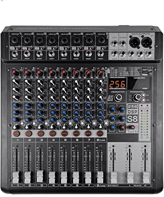 BINGNU Mixer Audio, Controller DJ a 8 canali con 256 Effetti di Riverbero DSP BT 5.0 USB Mixer USB for Prestazioni Professionali sul palco per Podcast/Registrazione/Voce