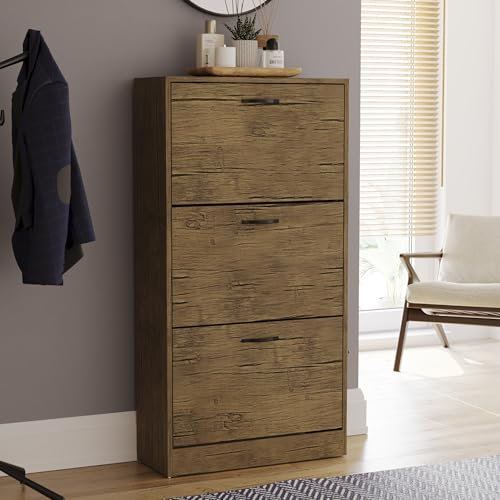 Vida Designs Schuhschrank mit 3 Schubladen, Schuhaufbewahrung, Organizer, ausziehbare Holzmöbel (Antikbraun)