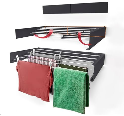 HYK Wall Mounted Clothes Airer - Foldable Clothes Drying Rack - 35kg Capacity - Indoor & Outdoor Use Easy to Install - Retractable Drying Rack for Laundry, Bedroom, Garden (GRAY, 120 CM)