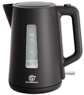 SUPERLEX Wasserkocher 1,7L Kapazität Strix Control Automatische Abschaltung Trockengehschutz Herausnehmbarer Kalkfilter Automatisch öffnender Deckel Kompakt Reisewasserkocher Schwarz Matt 2200W