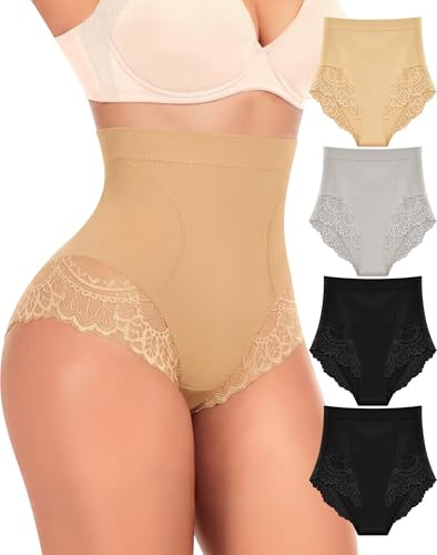 MIOTAN Lot de 4 Culottes Gainantes Taille Haute Dentelle Ventre Plat | Maintien léger, respirant, couverture complète, invisible sous vêtements, après accouchement, sans étiquette