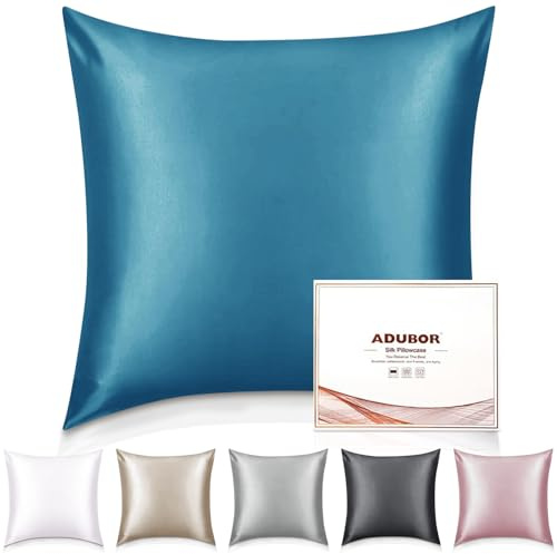 Adubor 100% Seidenkissenbezug 80x80cm für Haar und Haut mit Reißverschluss | 22 Momme Seide, Fadenzahl 900, mit verstecktem Reißverschluss, beide Seiten, Pfauenblau, 1 Stück