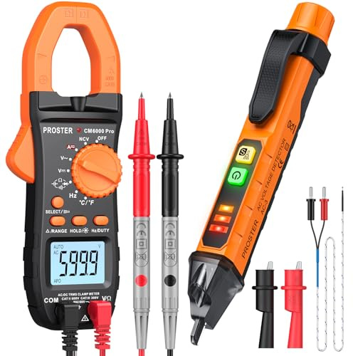 Proster Clamp Meter Non-Contact Voltage Tester Kit TRMS 6000 Counts AC/DC | Auto Ranging Digital Clamp Multimeter with CAT III 1000V, AC/DC Current and Voltage, NCV Tester Pen. Electrical Testing Kit