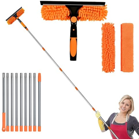 4.3M Window Cleaning Equipment, Telescopic Window Cleaner Pole with Silicon Squeegee and Scrubber Tool Long Handle Cleaning Kit for Indoor Outdoor High Windows Wall Car