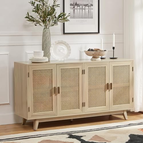 HULALA HOME Extra Large Sideboard Cabinet with 4 Doors and Adjustable Shelves, Wooden Buffet Storage Cabinet with Rattan Decoration for Living Room and Dining Room, Acorn