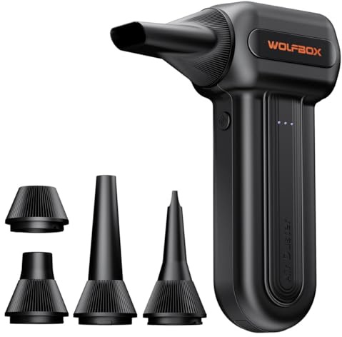 WOLFBOX MF60 Compressed Air Duster-110000RPM Super Power Air Cleaner for PC | 3-Speed Rechargeable, 5 Nozzle, Fast Charging, Cordless Air Blowe for Keyboard, Car, Home