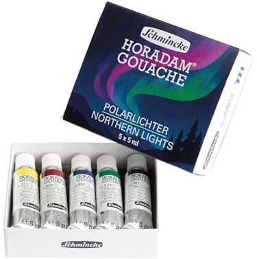 Schmincke – HORADAM® GOUACHE Farbkasten kompaktes Karton-Themenset Polarlichter mit 5 feinsten, fabstarken Gouachefarben in 5 ml Tuben, 72722097, Malset