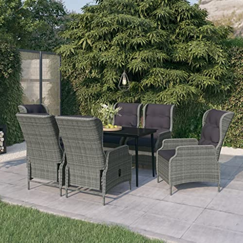 LoogCape 7-TLG. Garten-Essgruppe Hellgrau mit Liegefunktion, verstellbare Rattan Sessel, Glastisch für Terrasse & Balkon