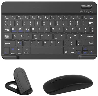 COEZFE Kabellose Bluetooth Tastatur & Maus mit Elefonhalter, Ultraflache drahtlose Tastatur (Deutsches QWERTZ-Layout) mit Maus für iPad/iPhone/Tablets & andere iOS Android Windows-Geräte, Schwarz
