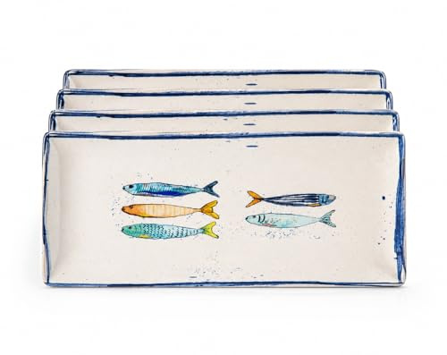 Teller im mediterranen Design mit Sardinen-Motiv | Maritime Speiseteller (26 cm), Suppenteller (21 cm) oder Dessertteller (20 cm) - robust, Steinzeug, glattes Finish (4er Set Teller (30x15 cm))