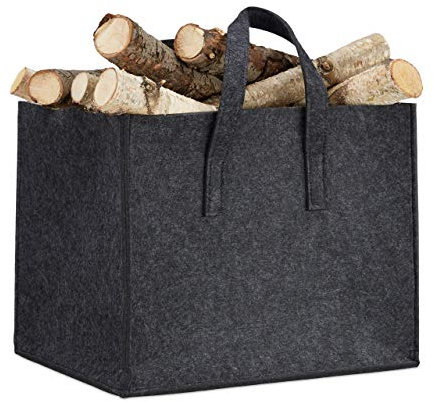 1 x Kaminholzkorb aus Filz, 2 Griffe, zum Tragen, faltbar, Zeitungshalter, Filzkorb, HBT: 34,5 x 43 x 36,5 cm, anthrazit