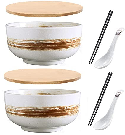 Bol japonais avec couvercle, bol de ramen en céramique, lot de 2 bols de ramen en céramique vintage bol de riz dessiné à la main bol de nouilles instantanées,A3