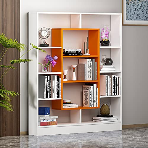 Homidea Venus Bücherregal - Standregal - Büroregal - Raumtieler für Wohnzimmer/Büro in modernem Design (Weiß/Orange)