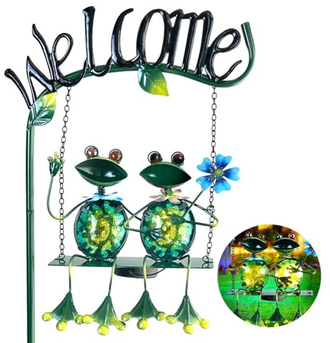 HONGLAND Solar Lights Outdoor Waterproof, Frog Swing Garden Decor, Frog Decorative Stake with Welcome Sign Landscape Patio Yard Gifts for Women Mom (48 inch)