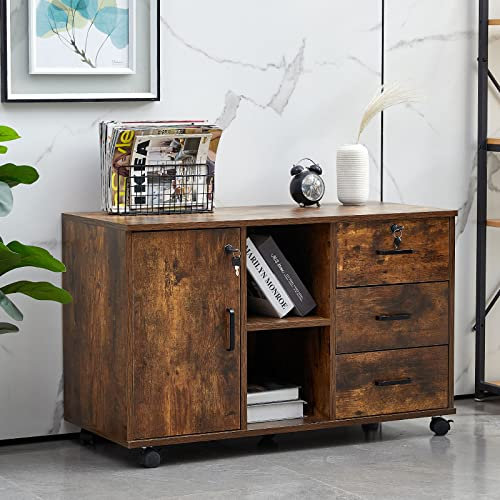 LEMROE Armoire Mobile à roulettes avec tiroirs verrouillables et Support d'imprimante avec étagères Ouvertes pour Papeterie (Marron) D40 × W90 × H57 St