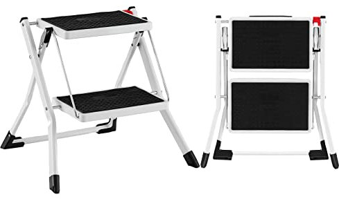 TANGZON Folding 2 Step Ladder, 150kg Capacity Steel Step Stool with Widen Anti-Slip Pedals, Foot Pads & Handle, Portable Tread Stepladder for Household Office Garage Shop, 50 x 49 x 45cm
