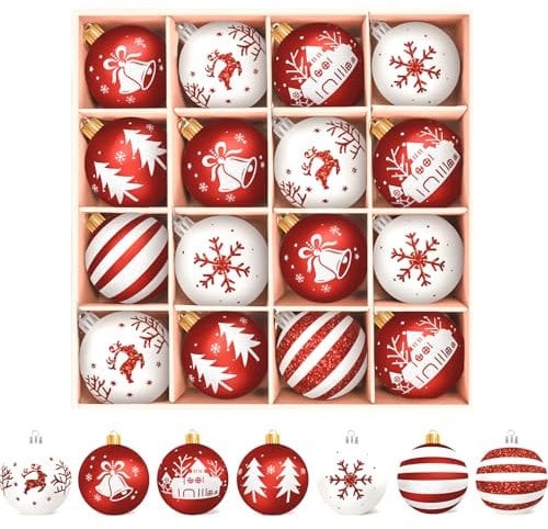 Arbolisse Bolas de Navidad Blancas y Rojas, 16 PCS Decoracion arbol Navidad, Bolas plástico de 6 cm con Gancho, Regalos Navidad Originales Decoración Casa, 7 Tipos de Modelos