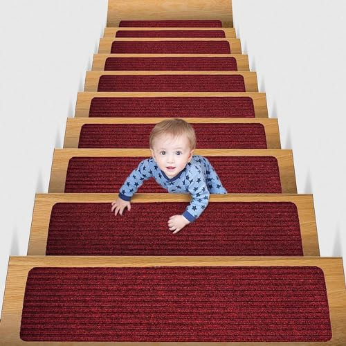Hearda Pisadas Antideslizantes para Escalones de Madera, Alfombra Vinilica, Alfombra Escaleras Lavable Antideslizante, Utiliza para Proteger Mayores, Niños, Mascotas (10PCS,Línea roja)