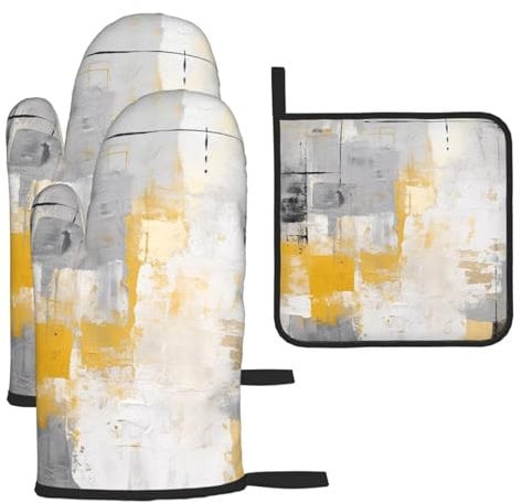 Modern Yellow Beige White Grey Art Texture Printed Oven Mitts And Pot Holders Sets Oven Mitts Heat Resistant Oven Gloves For Cooking Baking Kitchen BBQ