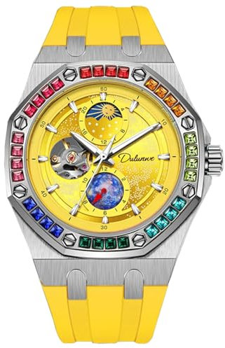 FORSINING Herren-Armbanduhr, Sternenhimmel, leuchtendes Design, mechanische Uhren, automatisches Handaufzug, Mondphase, Farbe, Diamant-Zifferblatt, wasserdicht, gelb, Armband