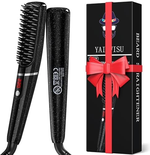 Peine Cepillo Alisador de Barba, YAIAWISU Mini Plancha de Barba, 6 Temperatura Regulable(120-220 °C), PTC 30 Segundos de Calentamiento Rápido, Cepillo Alisador Pelo Para Estilos de Barba Larga y Corta