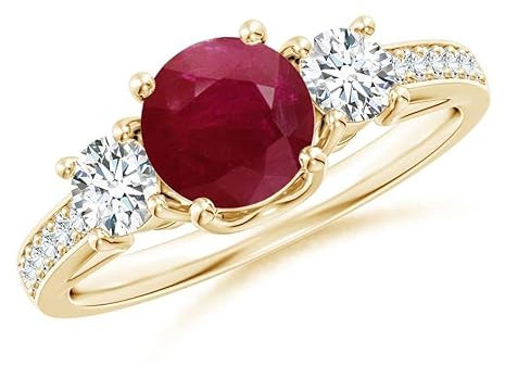 NYZA JEWELS Rubin runder 6,00 mm Ring mit drei Steinen | Sterlingsilber 925 mit Gelbgold vergoldet | Immergrüner Designring für Mädchen und Damen (62 (19.7))