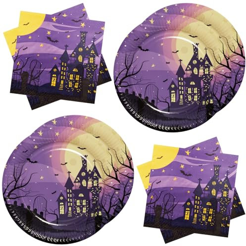 BFB Set di Piatti carta di Halloween 40 pezzi Casa stregata Stoviglie per feste Piatti e Tovaglioli monouso, Viola