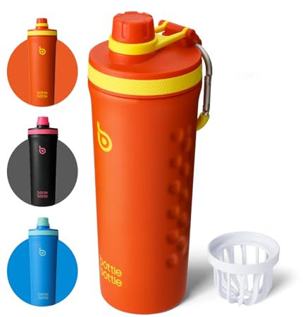 BOTTLE BOTTLE Shaker Edelstahl Trinkflasche 26oz mit Mischkugel – Protein Shaker für Eiweiß & Fitness, BPA-frei, doppelwandig, auslaufsicher, Sportflasche (Orange)