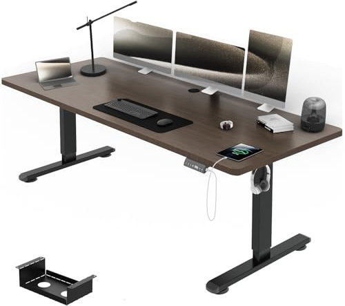Airfish Höhenverstellbarer Schreibtisch mit USB-Buchse, Elektrisch Schreibtisch mit Kabelwanne, Computertisch, Bürotisch, Stehpult mit Erinnerung an sitzende Tätigkeiten, 200 x 80 cm, Nussbaum