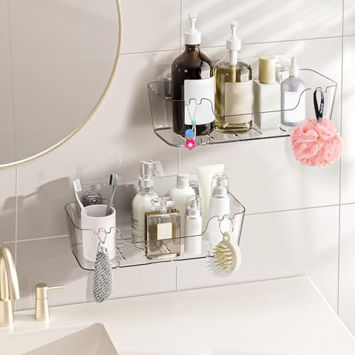 CGBE 2 Pack Acrylic Shower Shelves, Self Adhesive Shelf with Hidden Hooks, Bathroom Shelves No Drilling with Drainage, Wall Mount Adhesive Shelf for Bathroom, Kitchen - Large