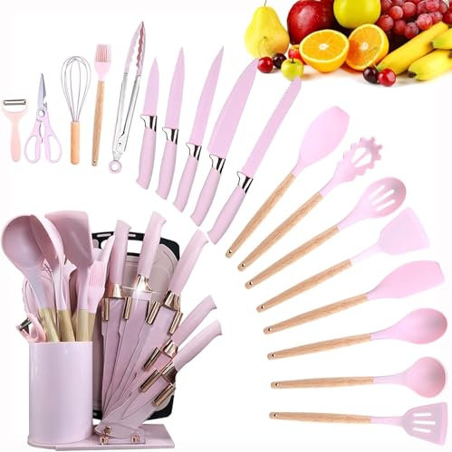 19-in-1 Küchenmesser-Set mit Messerhalter Küchenutensilien und Messerset mit 11 PCS Silikon-Kochwerkzeug-Set 5 PCS Scharfe Edelstahl-Kochmesser Schere und Schneideblock (Rosa)