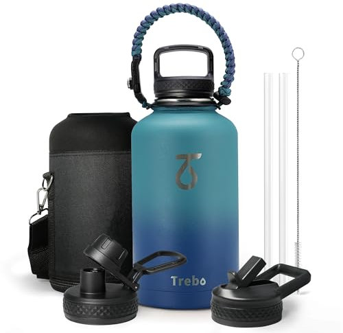 Trebo Isolierte Wasserflasche, 1,8 l, Metall-Vakuum-Wasserkrug mit Griff und 3 Deckeln, auslaufsicher, BPA-frei, für Fitnessstudio, Sport, Wandern, Reisen, hält 48 Stunden kalt, Cyanblau