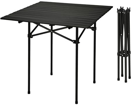 Camping Klapptisch schwarz mit Tragetasche - 70 x 70 cm - Universal Gartentisch mit einrollbarer Tischplatte - Outdoor Mehrzweck Tisch Reisetisch Picknicktisch Garten Reise Campingmöbel Zubehör