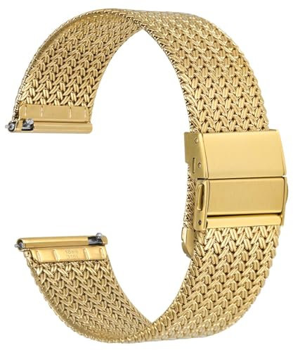 WOCCI 18mm Elite Uhrenarmband aus Metall für Damen und Herren, Gewebtes Mesh Armband, 316L Edelstahl, Schnellverschluss, Verbesserte Faltschließe (Golden)