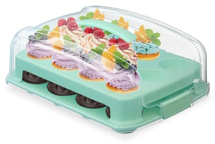 Relaxdays Cupcake Carrier, 24 Cupcakes & Muffins, 2 Tiers, Carry Handle, HWD: 16 x 37.5 x 28.5 cm, Cake Box, Turquoise