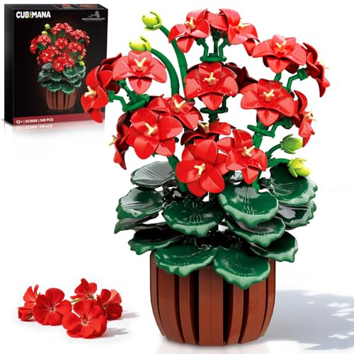 CUBIMANA Blumen Botanicals Geranien Bausatz Kunstblumen für Erwachsene 12+ | Künstliche Bonsai Pflanzen für die Dekoration zu Hause, 548teilige Geranien Blumentopf Bausteine, Mädche Geschenk Weihnachten