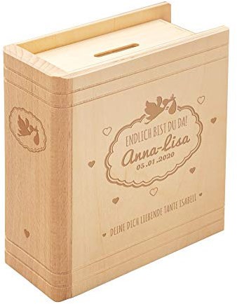 Casa Vivente Spardose mit Gravur zur Geburt, Buch-Optik, Personalisiert mit Namen und Datum, Aus Birkenholz, Babygeschenke für Mädchen und Jungen