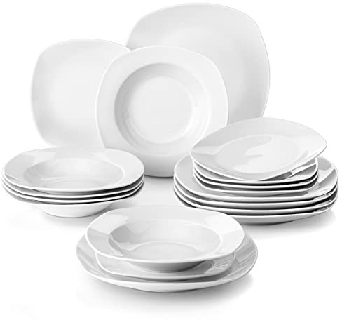 MALACASA Vajillas Completas Modernas 18 Piezas, Juegos de Platos para 6 Personas con 6 Platos Hondos/ 6 Platos llanos/ 6 Platos de Postre, Apto para Microondas y Lavavajillas, Serie ELISA
