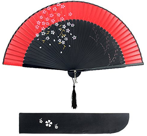 Dazone asiatischer fächer Handfächer Faltbar aus Bambus Japanisch Kirschblüten fächer Faltfächer Hochzeit Party Deko Weihnachten Geschenk Damen - Rot
