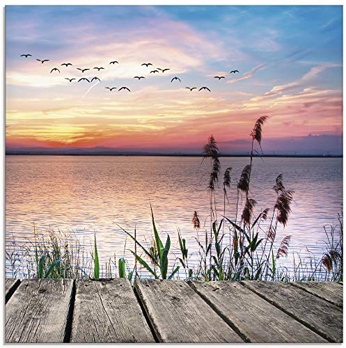 ARTland Wanddeko Glasbilder Wandbild Glas Bild einteilig 40x40 cm Quadratisch Natur Steg Landschaft See Himmel Sonnenaufgang Vögel Wolken T9QD