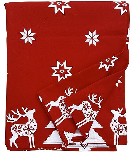 Ragged Rose Christmas Table Cloth - Festive Linen Tablecloth with Nordic Style Prints for Living Room & Kitchen - Cotton Tablecloth That Fits a 6-7 Ft Table - Red Christmas Star Print