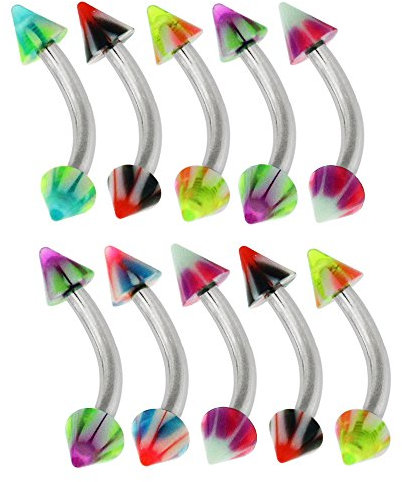 Monster Piercing 10 Stück-Packung mit 3MM UV Teufels Auge Kegel mit 16 Gauge - 8MM Länge 316L chirurgischer Stahl Banane Augenbraue Bar Piercing